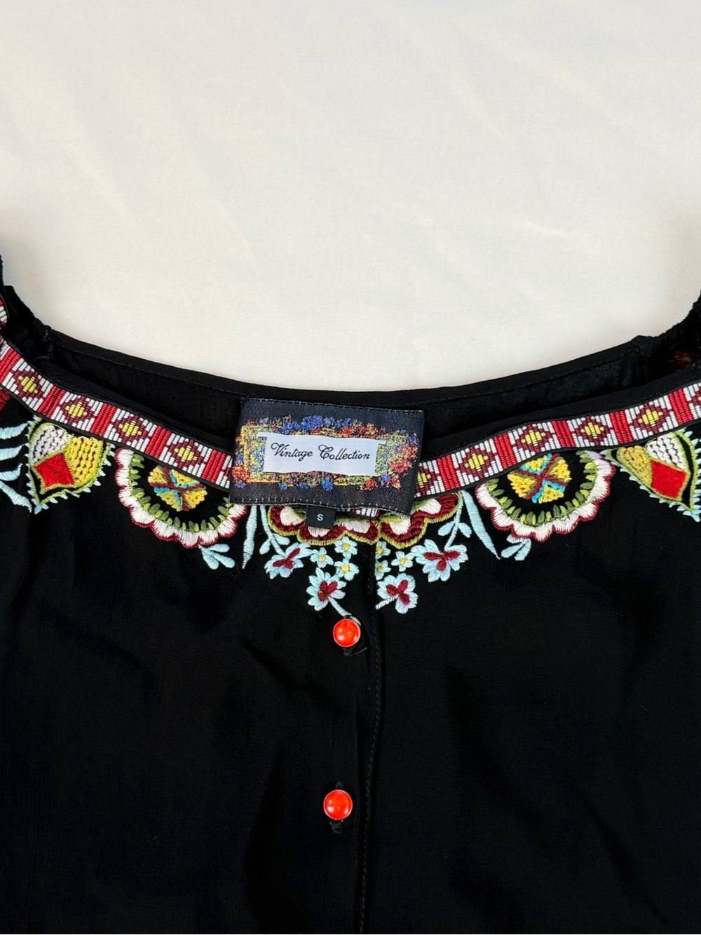 Vintage Collection Boho Embroidered Sheer Blouse Women Small Tunic Top